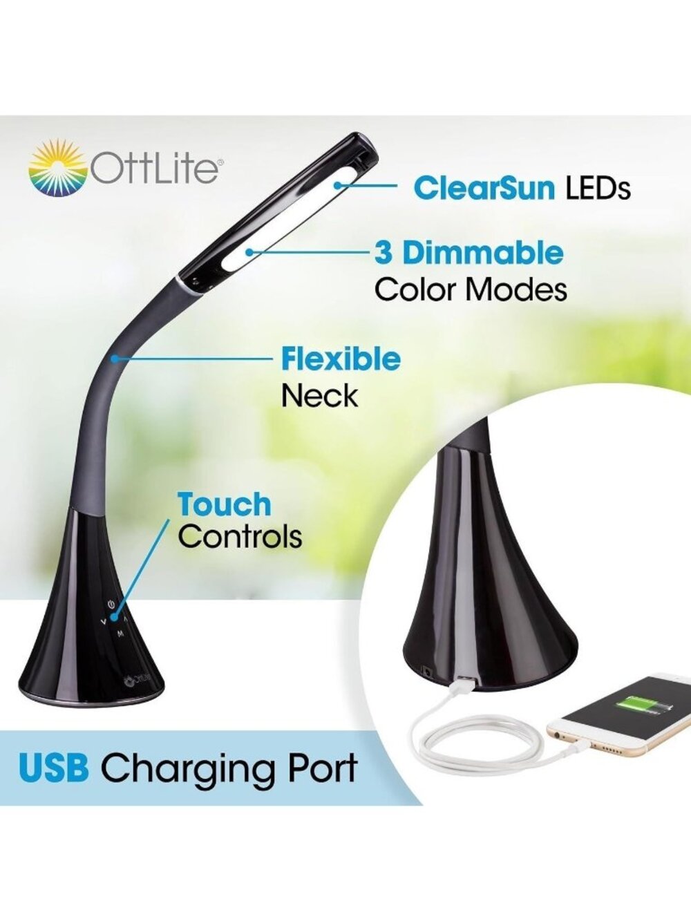OttLite LED Desk Lamp w Adjustable Brightness & USB Port Black Flexible Neck 23"